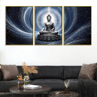 Lord Buddha Meditating in Cosmic Light Floating Frame Crystal Wall Painting Set of 3