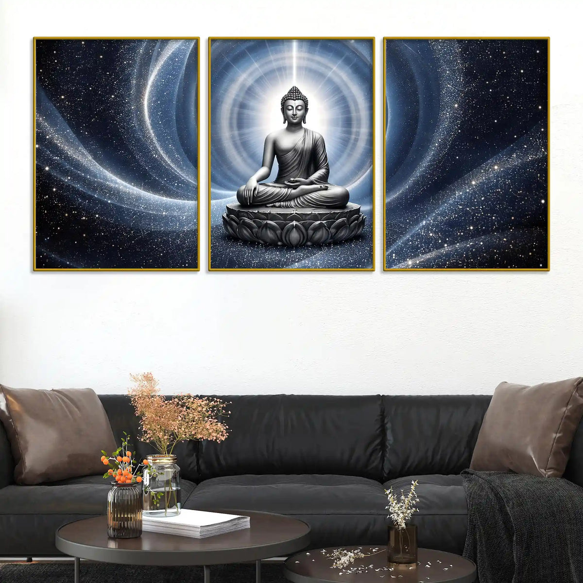 Lord Buddha Meditating in Cosmic Light Floating Frame Crystal Wall Painting Set of 3