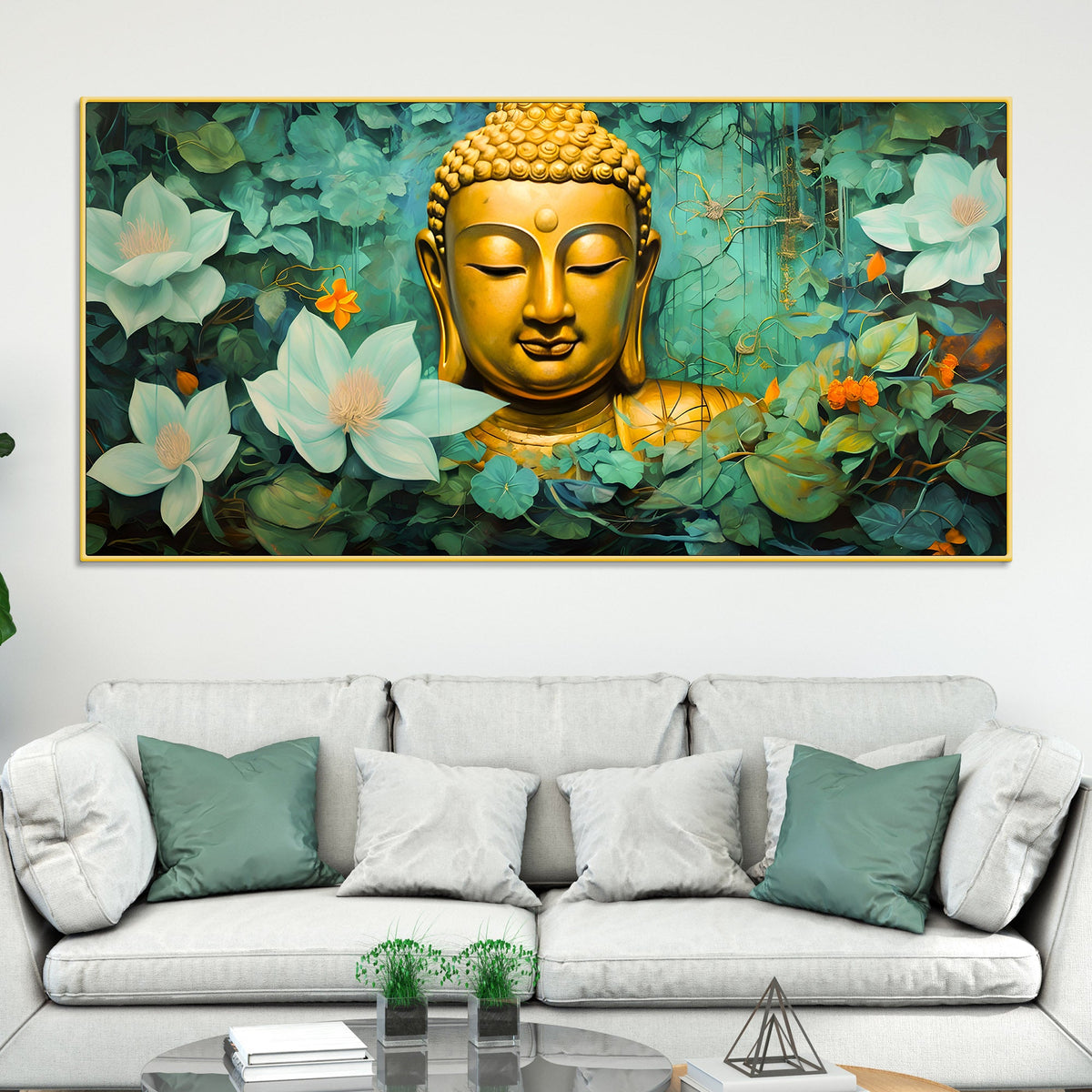 Lord Buddha Wall Painting with Green Floral Background for Home Décor