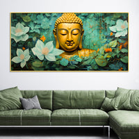 Lord Buddha Wall Painting with Green Floral Background for Home Décor