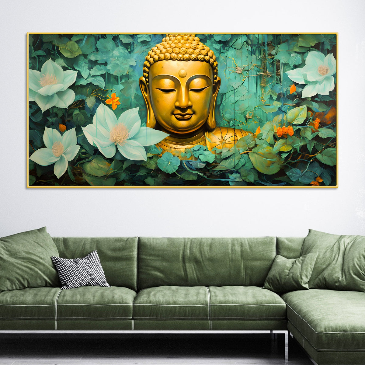 Lord Buddha Wall Painting with Green Floral Background for Home Décor