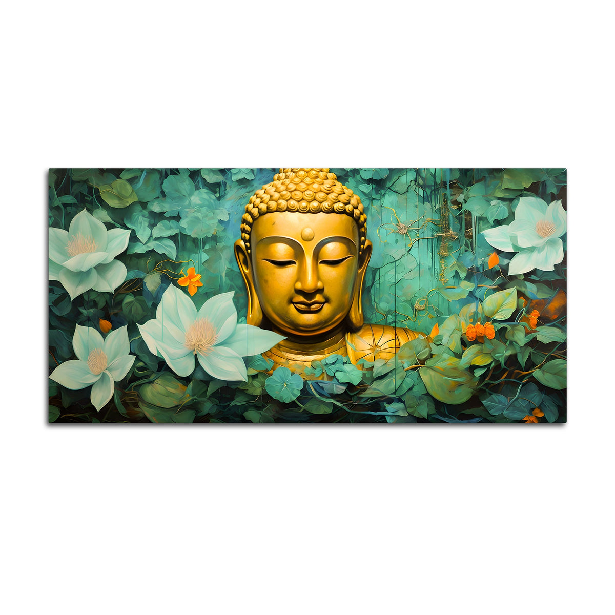 Lord Buddha Wall Painting with Green Floral Background for Home Décor
