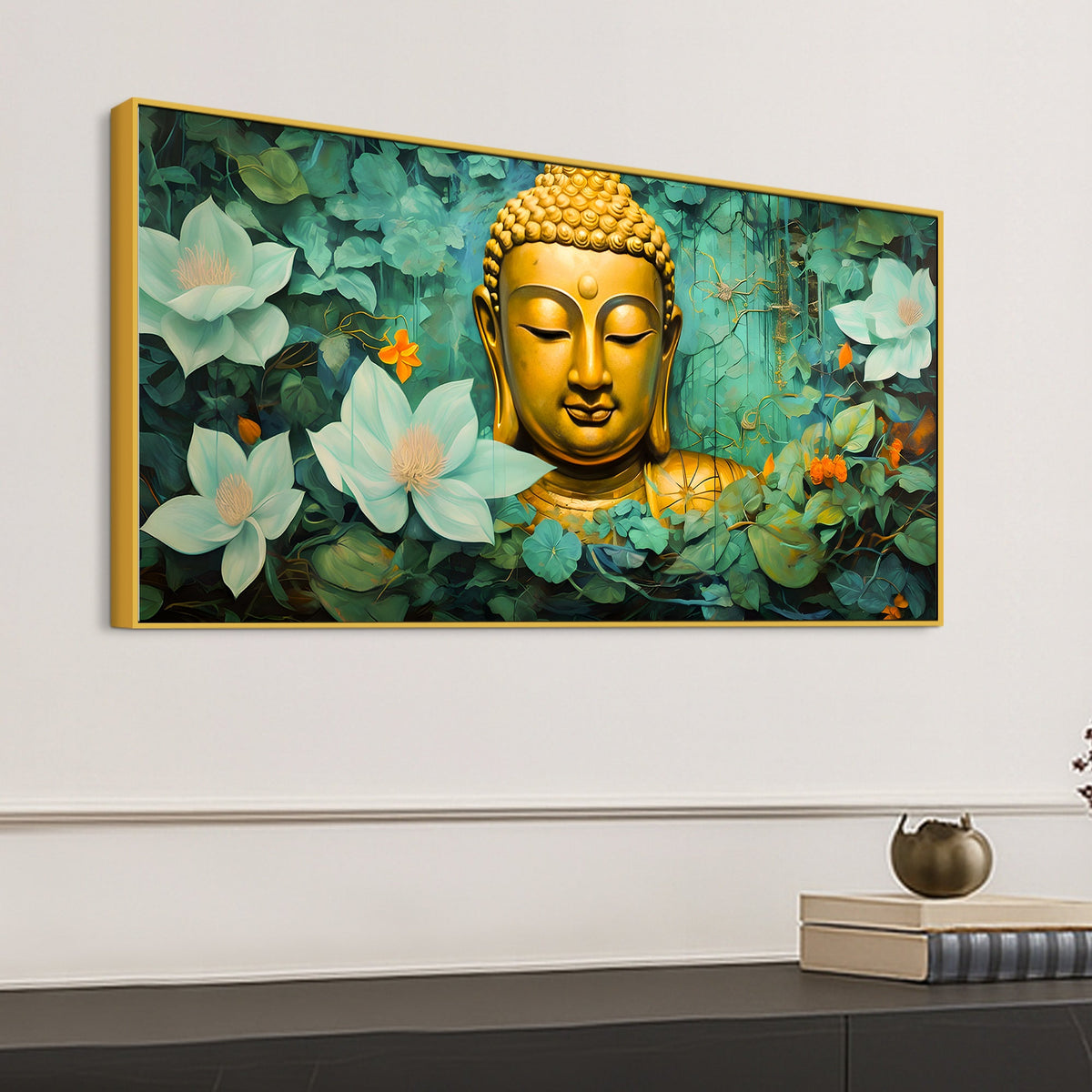 Lord Buddha Wall Painting with Green Floral Background for Home Décor