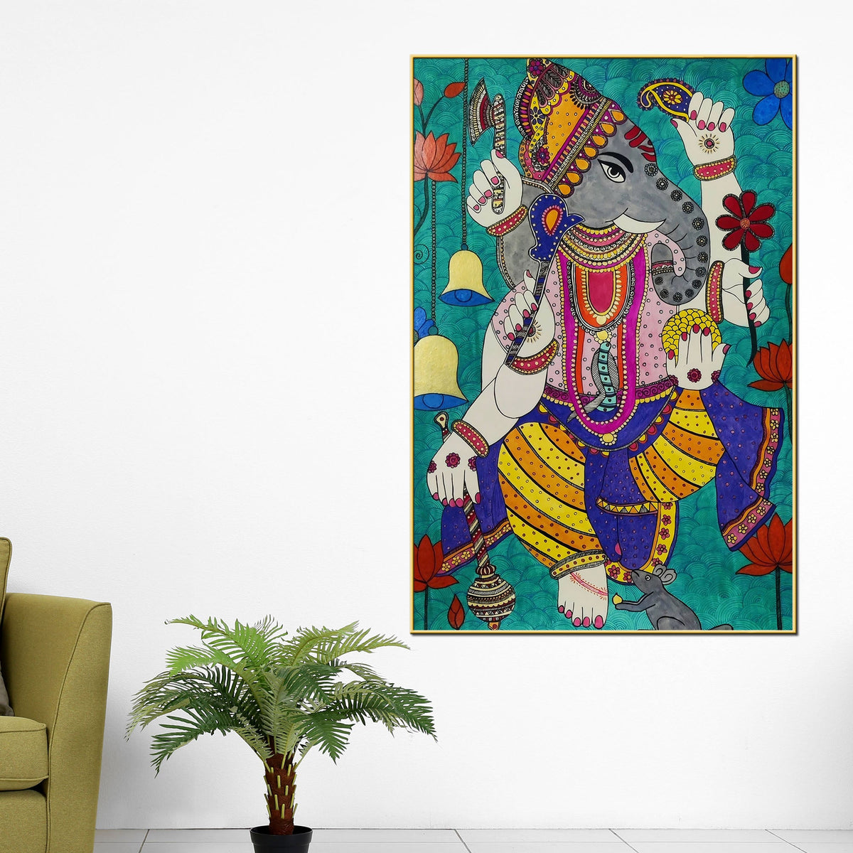 Lord Ganesha Madhubani Style Canvas Wall Painting