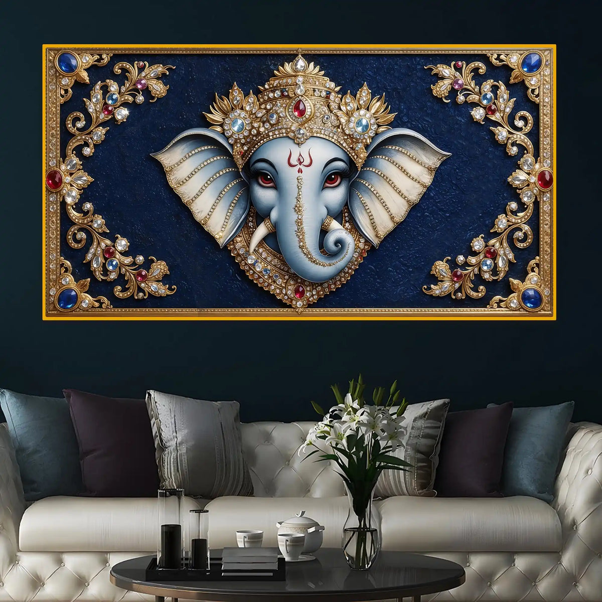 Lord Ganesha Royal Art Crystal Glass Wall Painting for Wealth, Success & Prosperity Décor