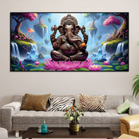 Lord Ganesha Sitting On Lotus in Beautiful Nature Canvas Wall Painting For Home & Pooja Spaces – Modern Spiritual Wall Art