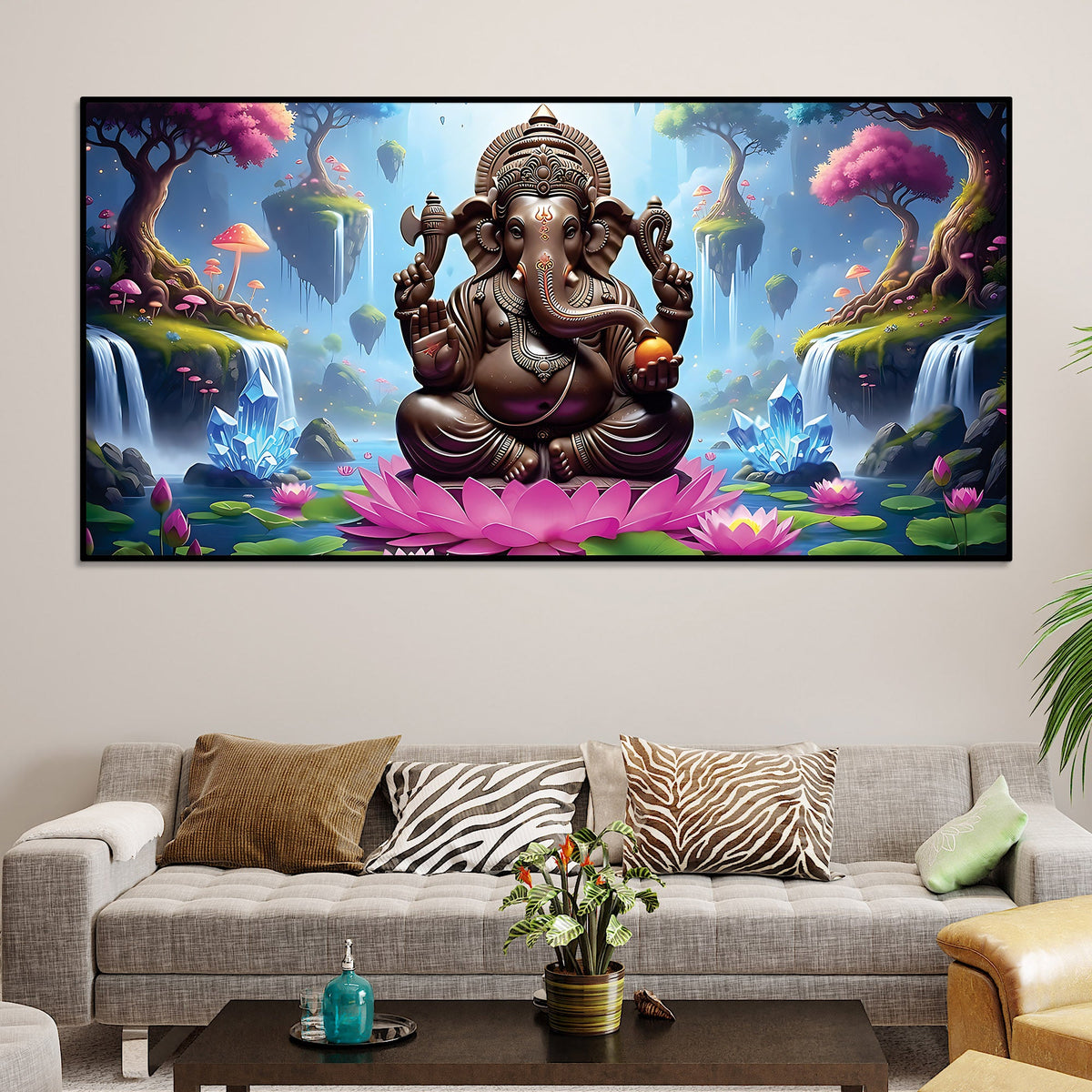 Lord Ganesha Sitting On Lotus in Beautiful Nature Canvas Wall Painting For Home & Pooja Spaces – Modern Spiritual Wall Art