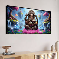 Lord Ganesha Sitting On Lotus in Beautiful Nature Canvas Wall Painting For Home & Pooja Spaces – Modern Spiritual Wall Art