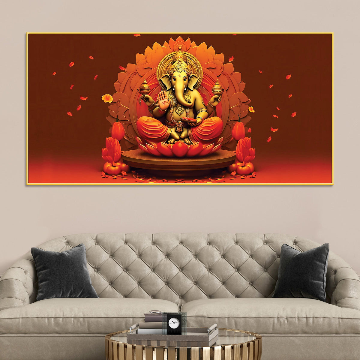Lord Ganesha Sitting On Sacred Lotus Throne in Padmasana Premium Canvas Wall Painting for Home & Pooja Spaces – Modern Spiritual Wall Decor