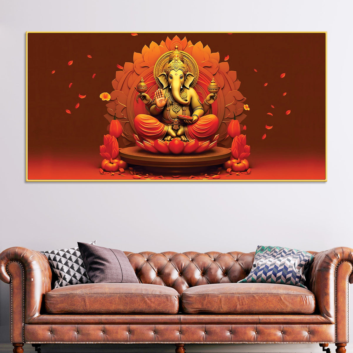 Lord Ganesha Sitting On Sacred Lotus Throne in Padmasana Premium Canvas Wall Painting for Home & Pooja Spaces – Modern Spiritual Wall Decor