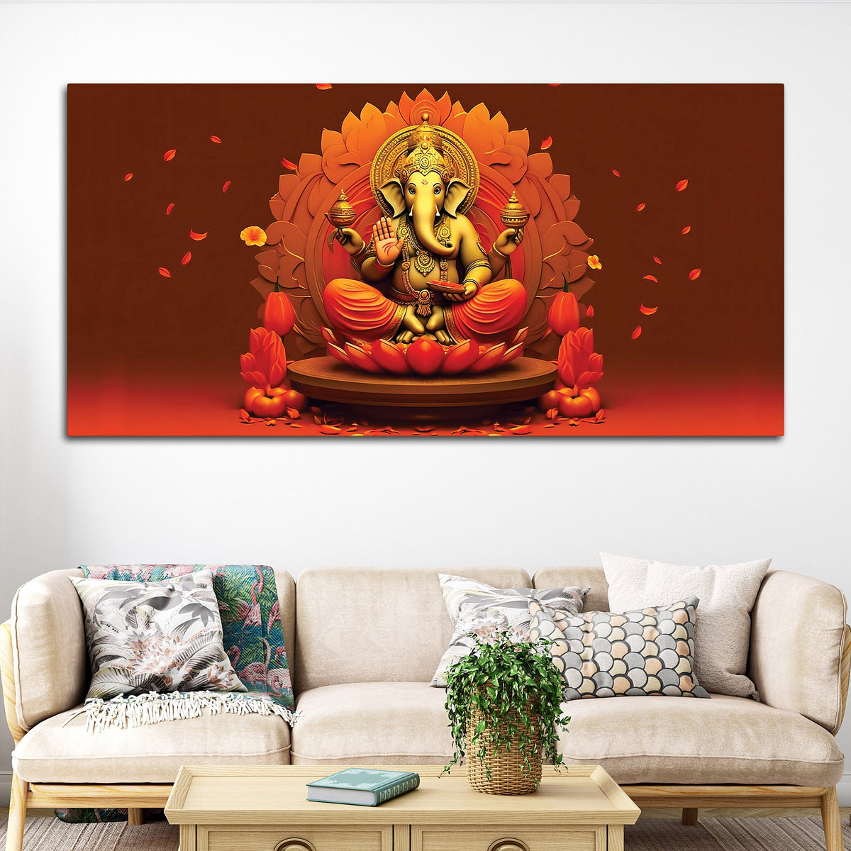 Lord Ganesha Sitting On Sacred Lotus Throne in Padmasana Premium Canvas Wall Painting for Home & Pooja Spaces – Modern Spiritual Wall Decor