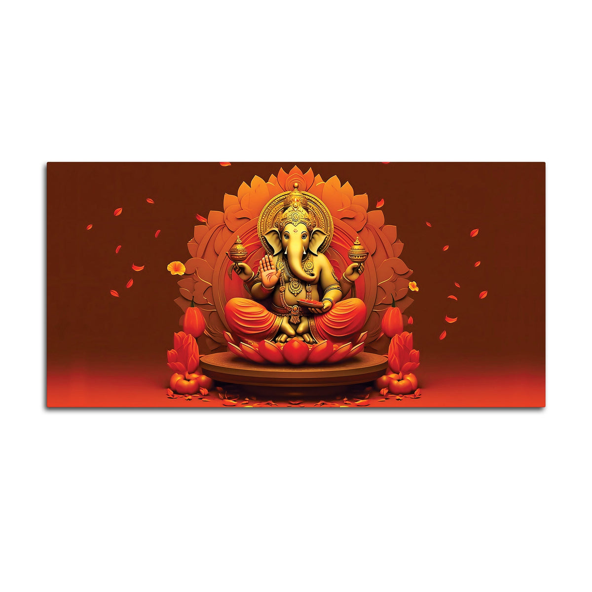 Lord Ganesha Sitting On Sacred Lotus Throne in Padmasana Premium Canvas Wall Painting for Home & Pooja Spaces – Modern Spiritual Wall Decor