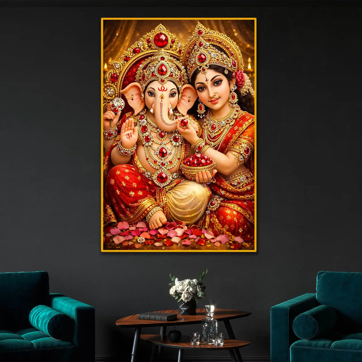 Lord Ganesha with Goddess Lakshmi Floating Frame Crystal Wall Painting