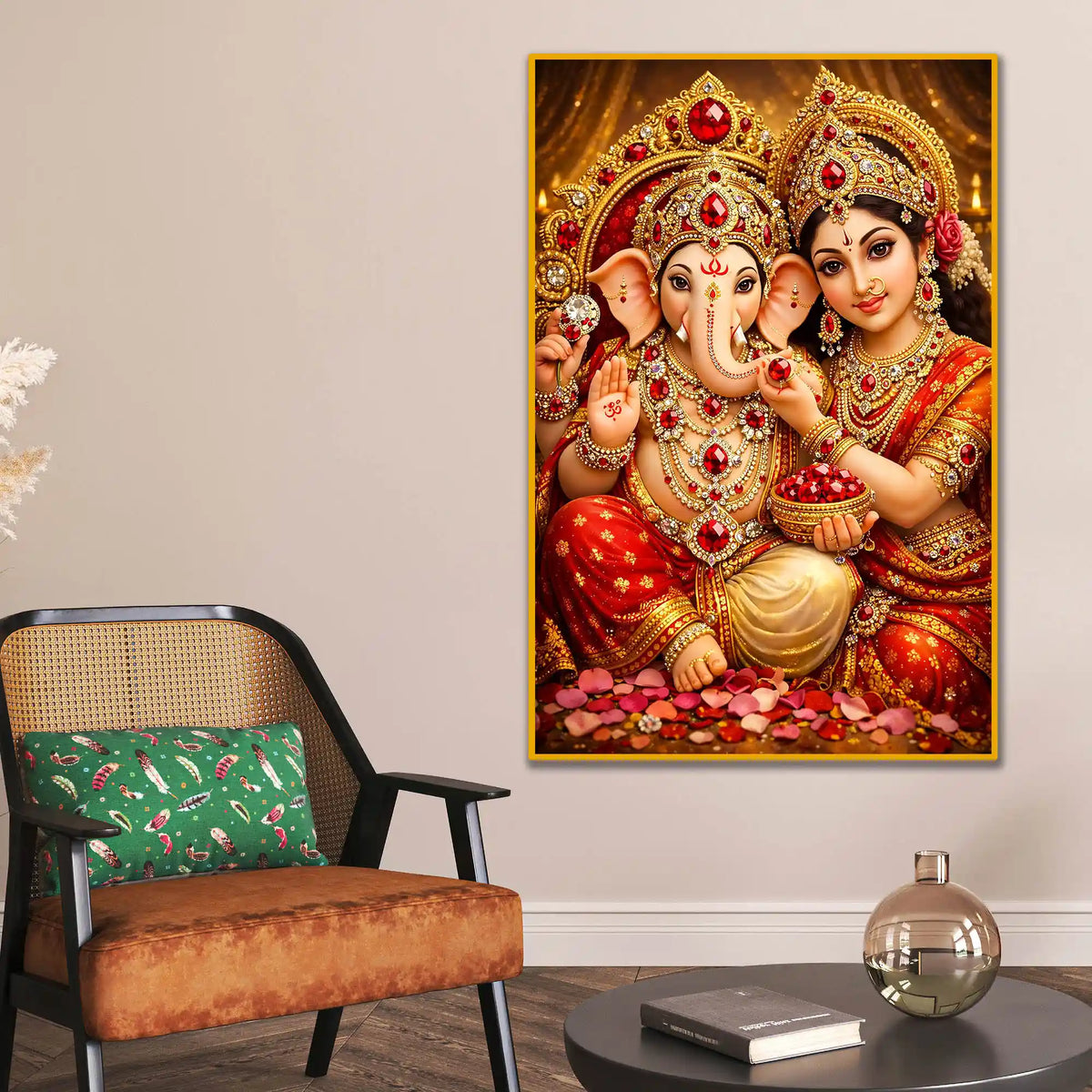 Lord Ganesha with Goddess Lakshmi Floating Frame Crystal Wall Painting