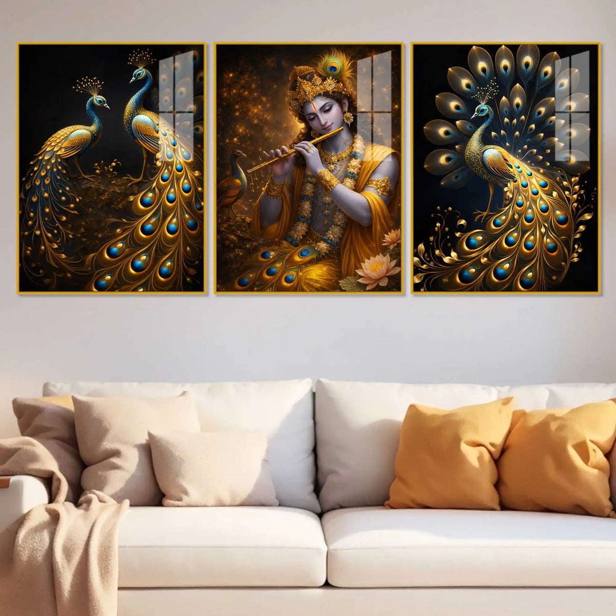 Lord Krishna & the Peacocks Acrylic Floating Frame Wall Painting Set of 3
