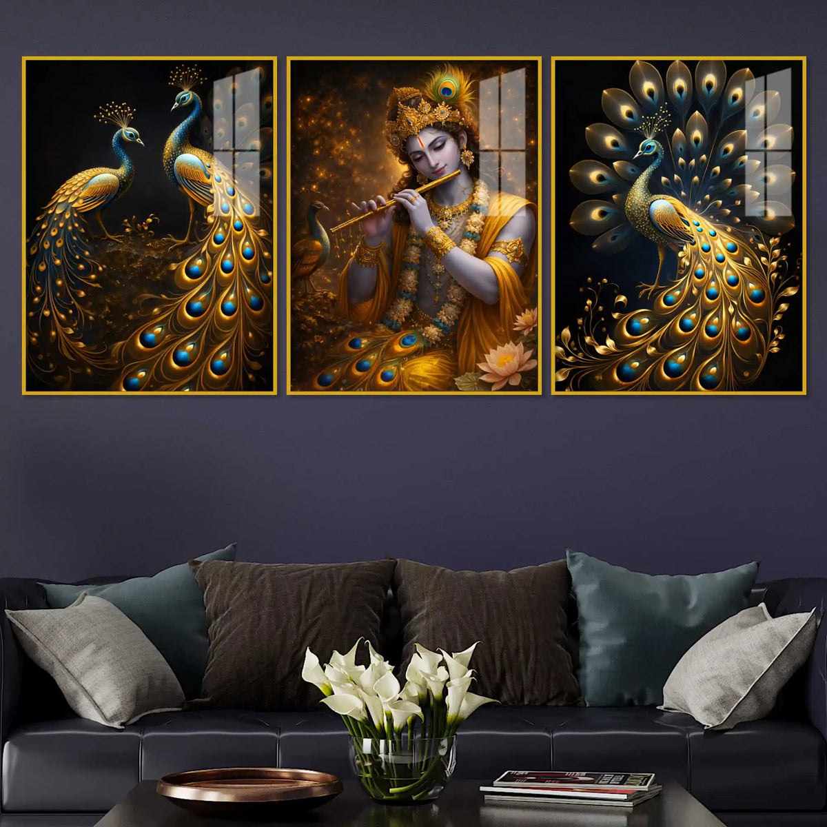 Lord Krishna & the Peacocks Acrylic Floating Frame Wall Painting Set of 3