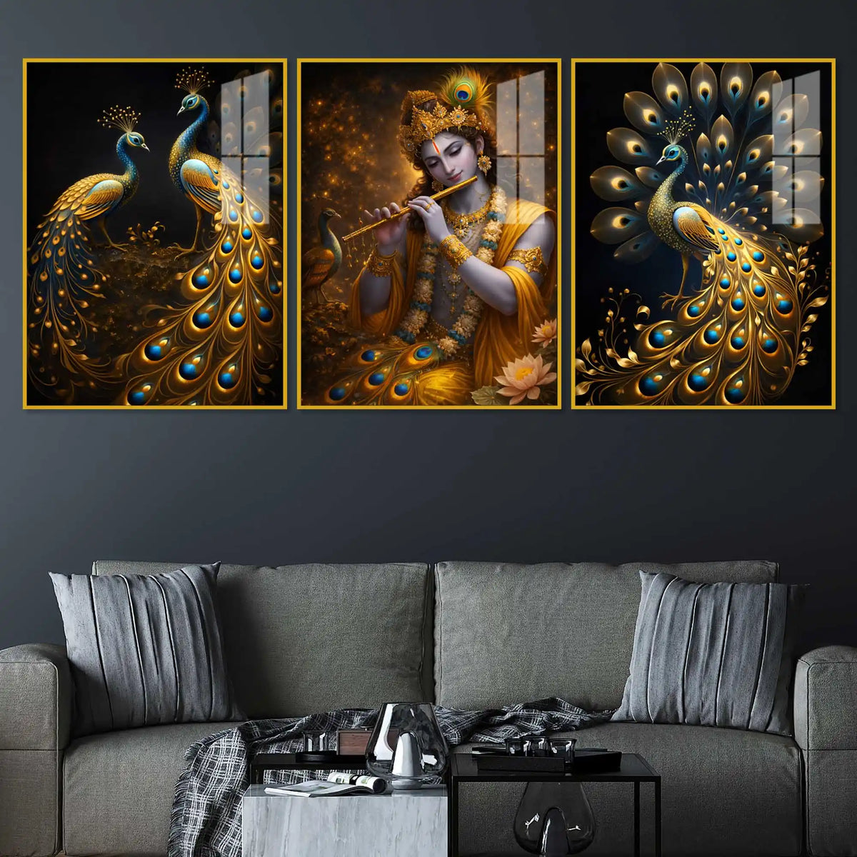 Lord Krishna & the Peacocks Acrylic Floating Frame Wall Painting Set of 3