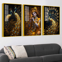 Lord Krishna & the Peacocks Acrylic Floating Frame Wall Painting Set of 3
