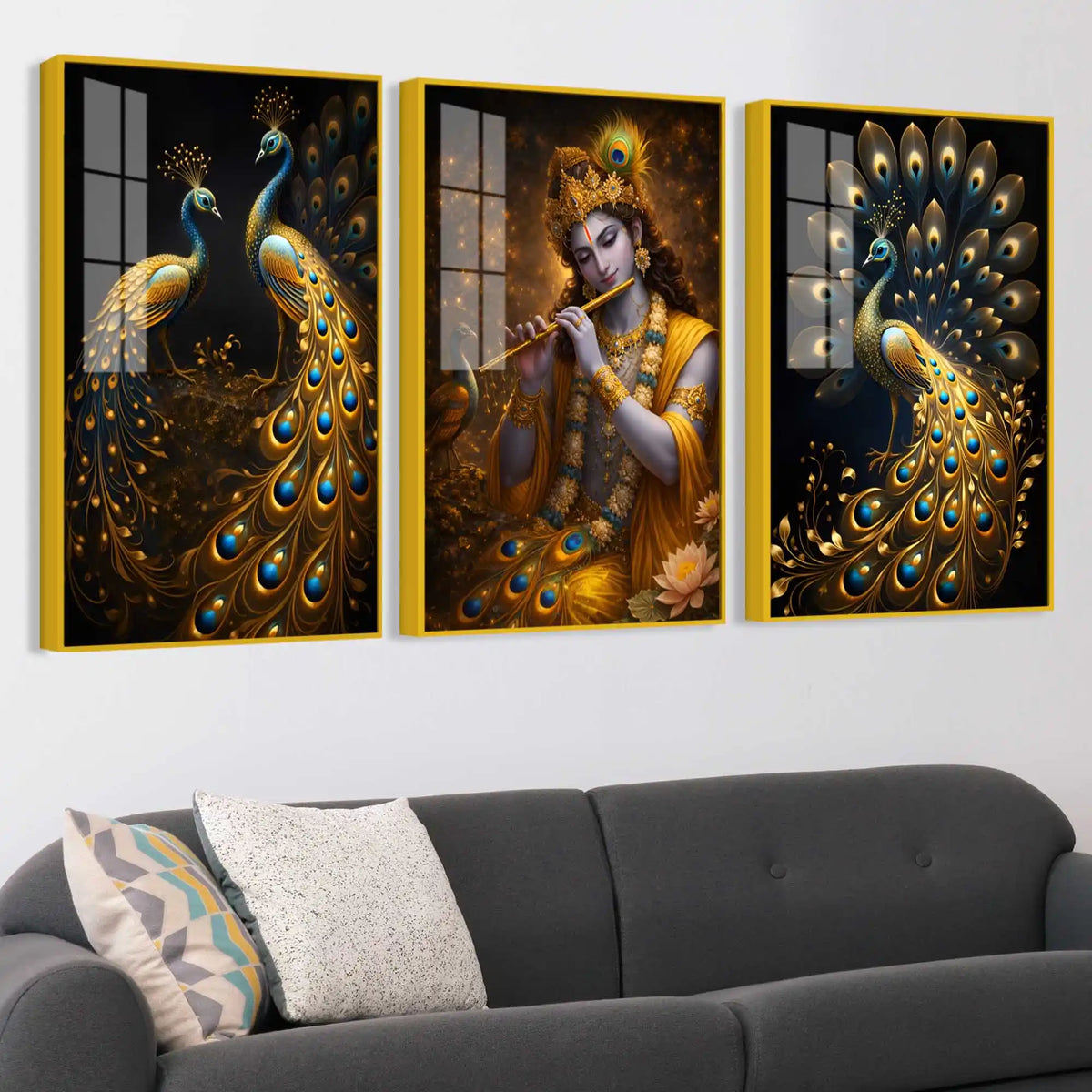 Lord Krishna & the Peacocks Acrylic Floating Frame Wall Painting Set of 3