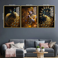Lord Krishna & the Peacocks Acrylic Floating Frame Wall Painting Set of 3