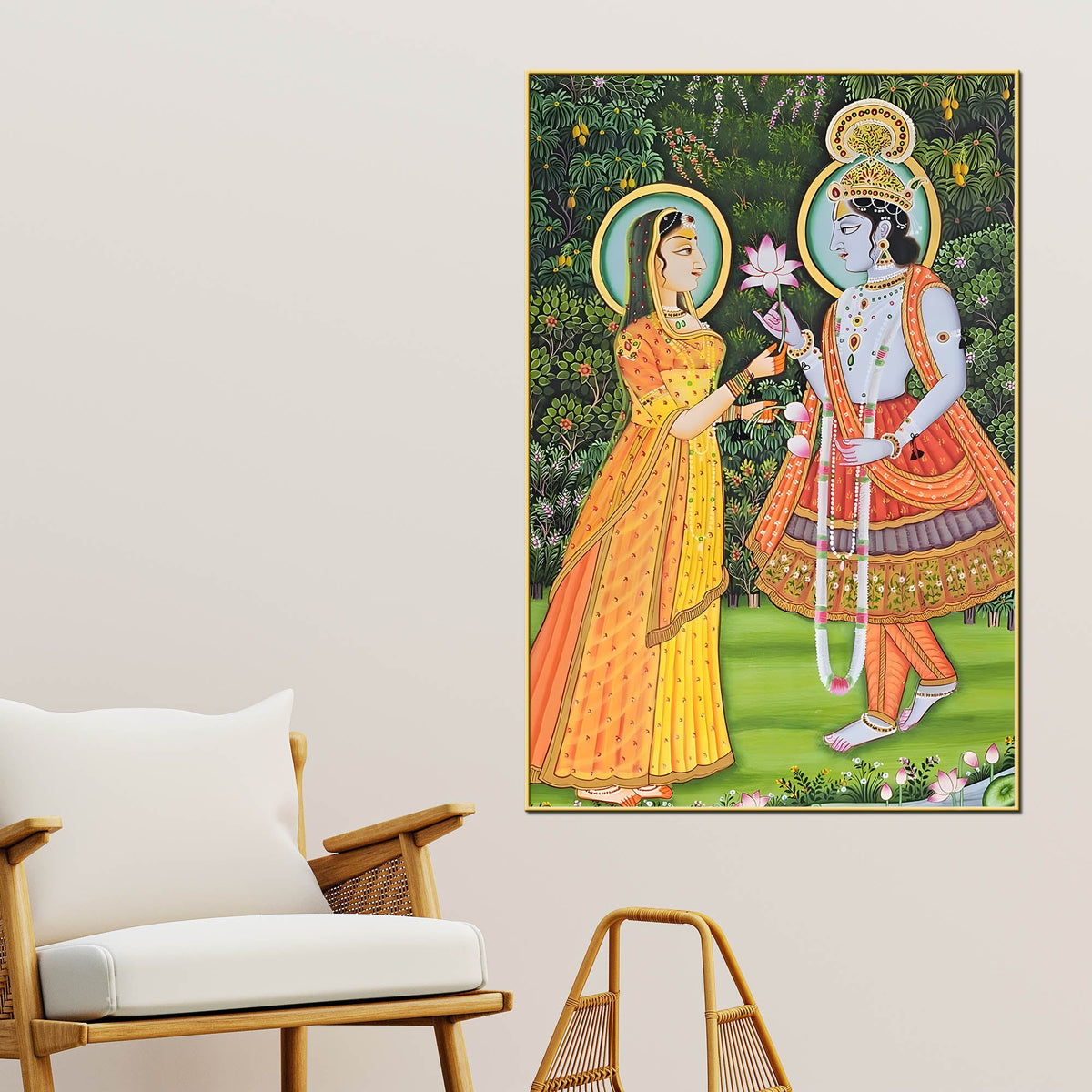 Lord Krishna Accepting Lotus From Shree Radha Canvas Wall Painting
