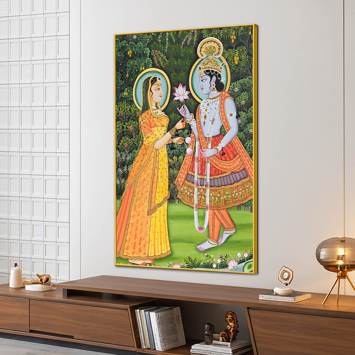 Lord Krishna Accepting Lotus From Shree Radha Canvas Wall Painting