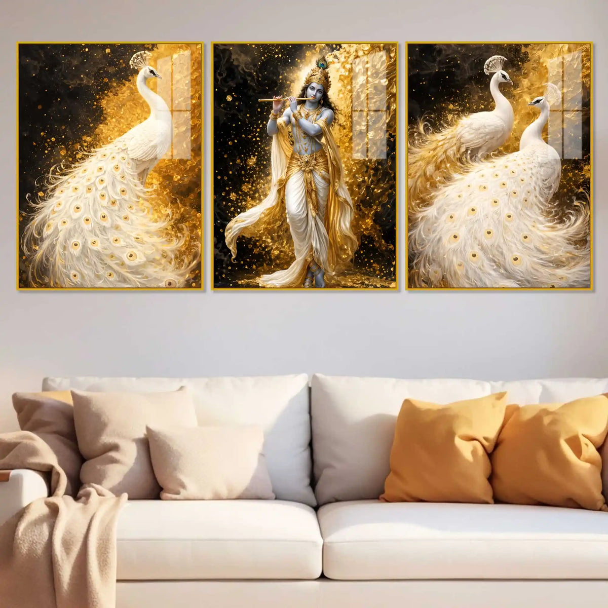 Lord Krishna and White Peacock Acrylic Floating Frame Wall Painting Set of 3