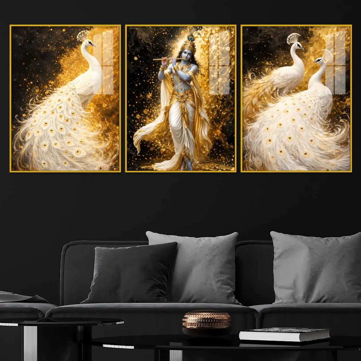 Lord Krishna and White Peacock Acrylic Floating Frame Wall Painting Set of 3