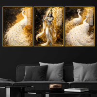 Lord Krishna and White Peacock Acrylic Floating Frame Wall Painting Set of 3