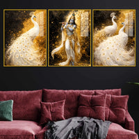 Lord Krishna and White Peacock Acrylic Floating Frame Wall Painting Set of 3