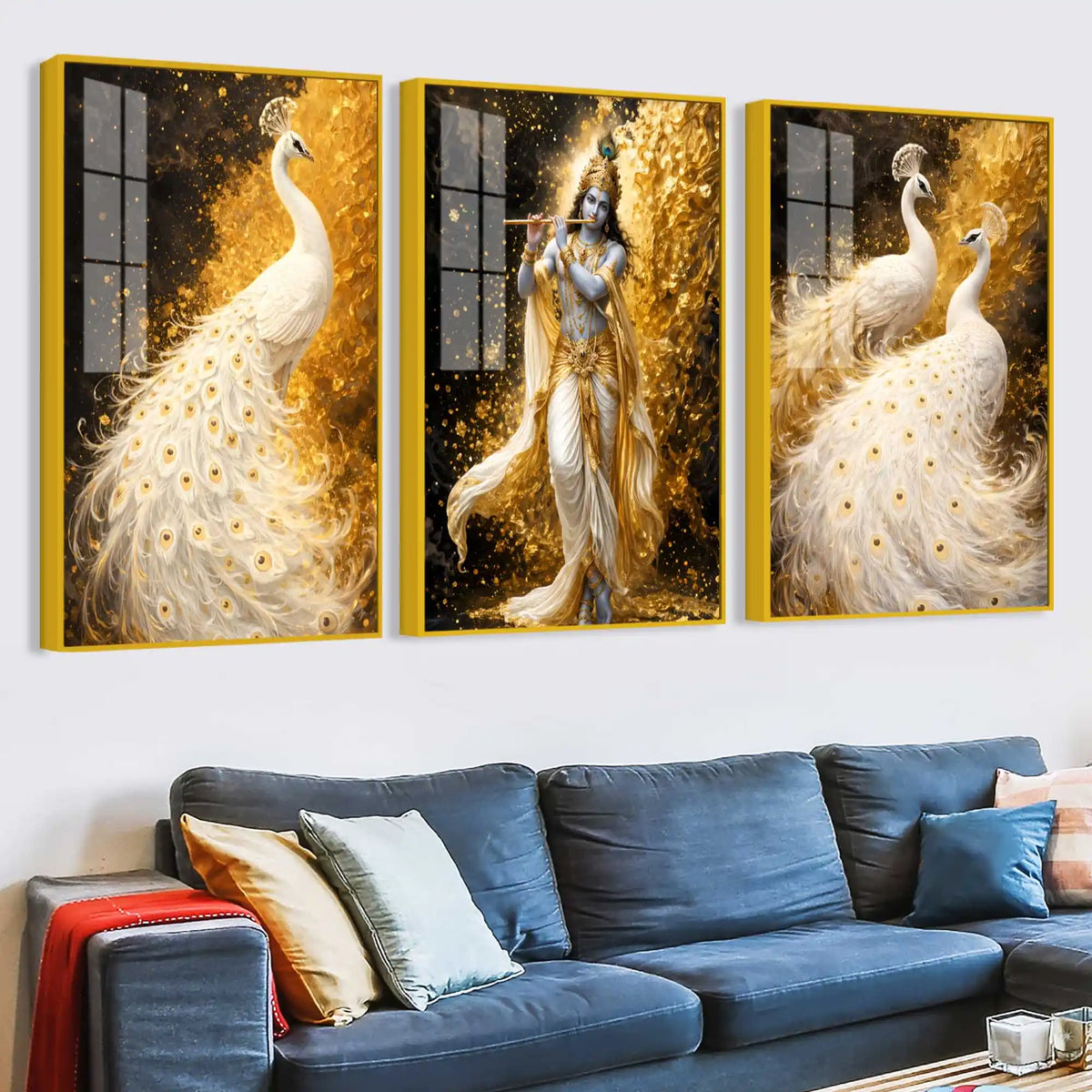 Lord Krishna and White Peacock Acrylic Floating Frame Wall Painting Set of 3