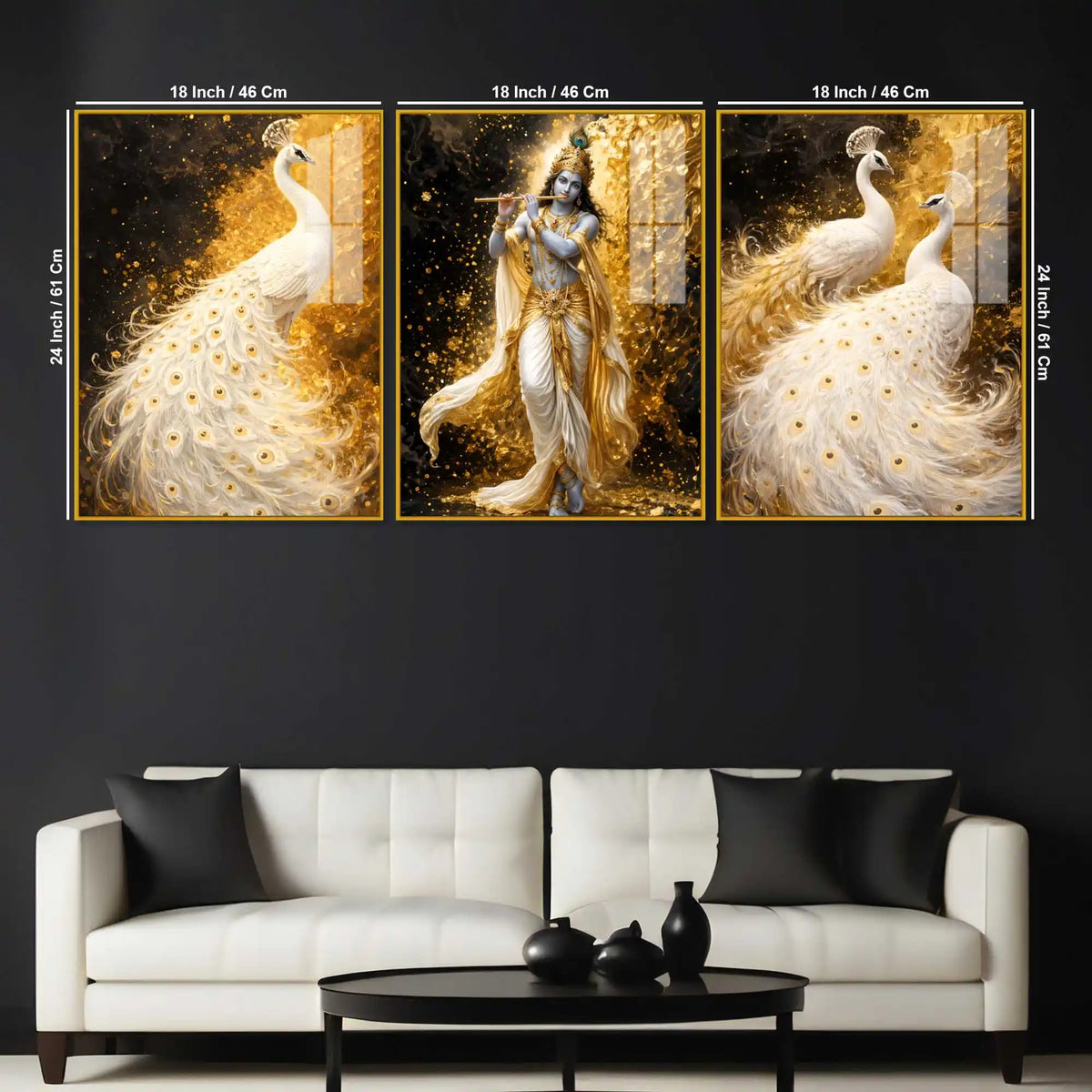 Lord Krishna and White Peacock Acrylic Floating Frame Wall Painting Set of 3