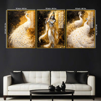 Lord Krishna and White Peacock Acrylic Floating Frame Wall Painting Set of 3