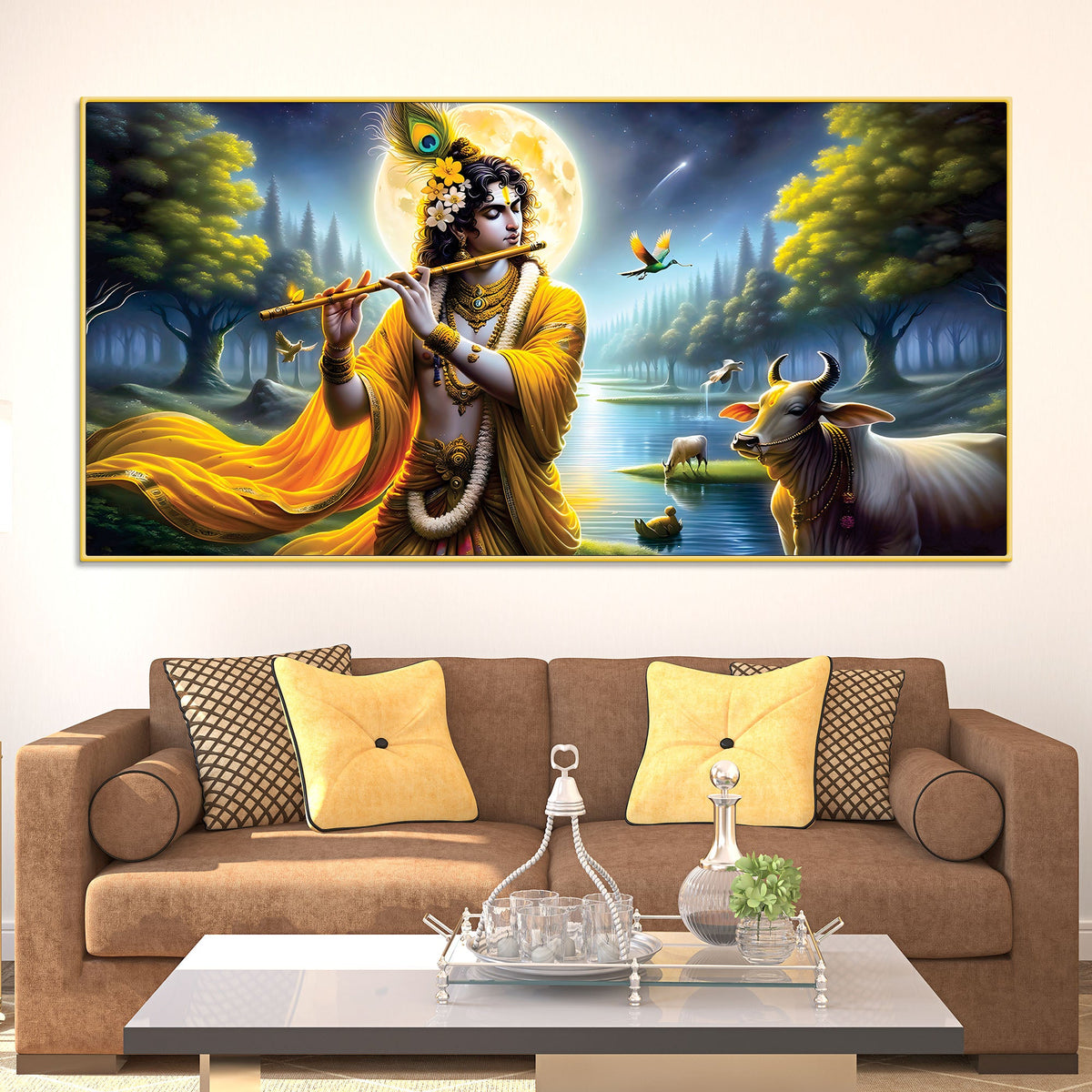 Lord Krishna Peaceful Moonlight Spiritual Painting