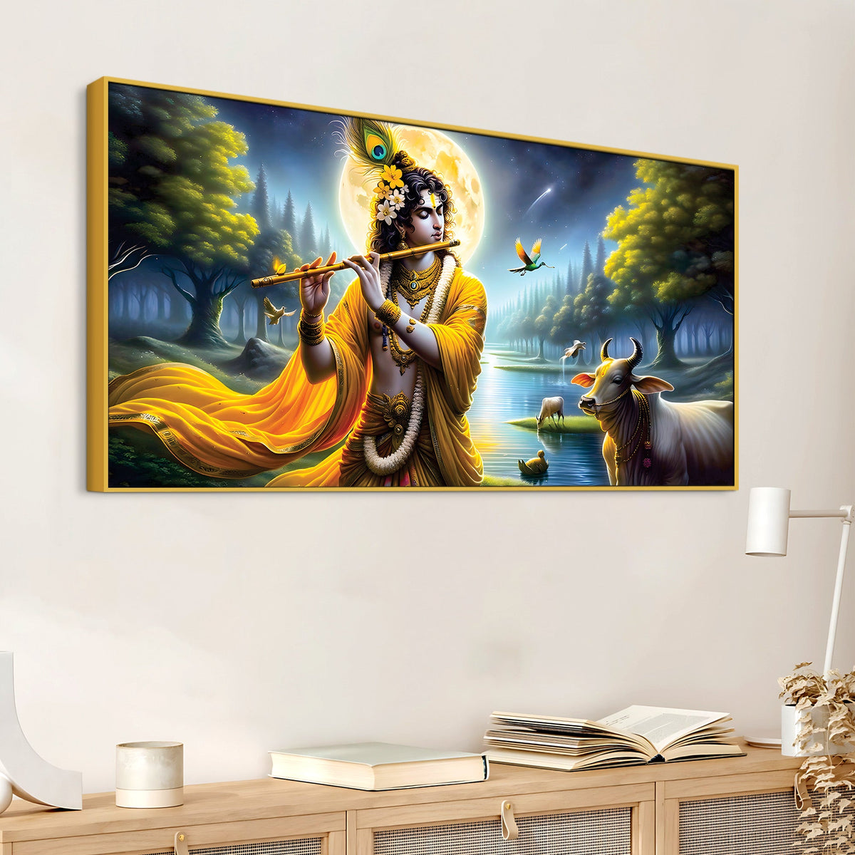 Lord Krishna Peaceful Moonlight Spiritual Painting