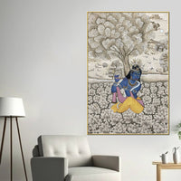 Lord Krishna Playing Flute In Lotus Garden Pichwai Style Canvas Wall Painting