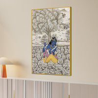 Lord Krishna Playing Flute In Lotus Garden Pichwai Style Canvas Wall Painting