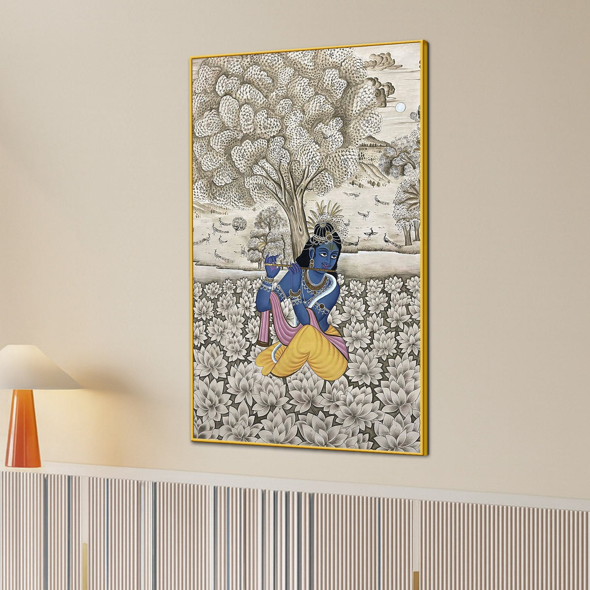 Lord Krishna Playing Flute In Lotus Garden Pichwai Style Canvas Wall Painting