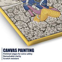 Lord Krishna Playing Flute In Lotus Garden Pichwai Style Canvas Wall Painting