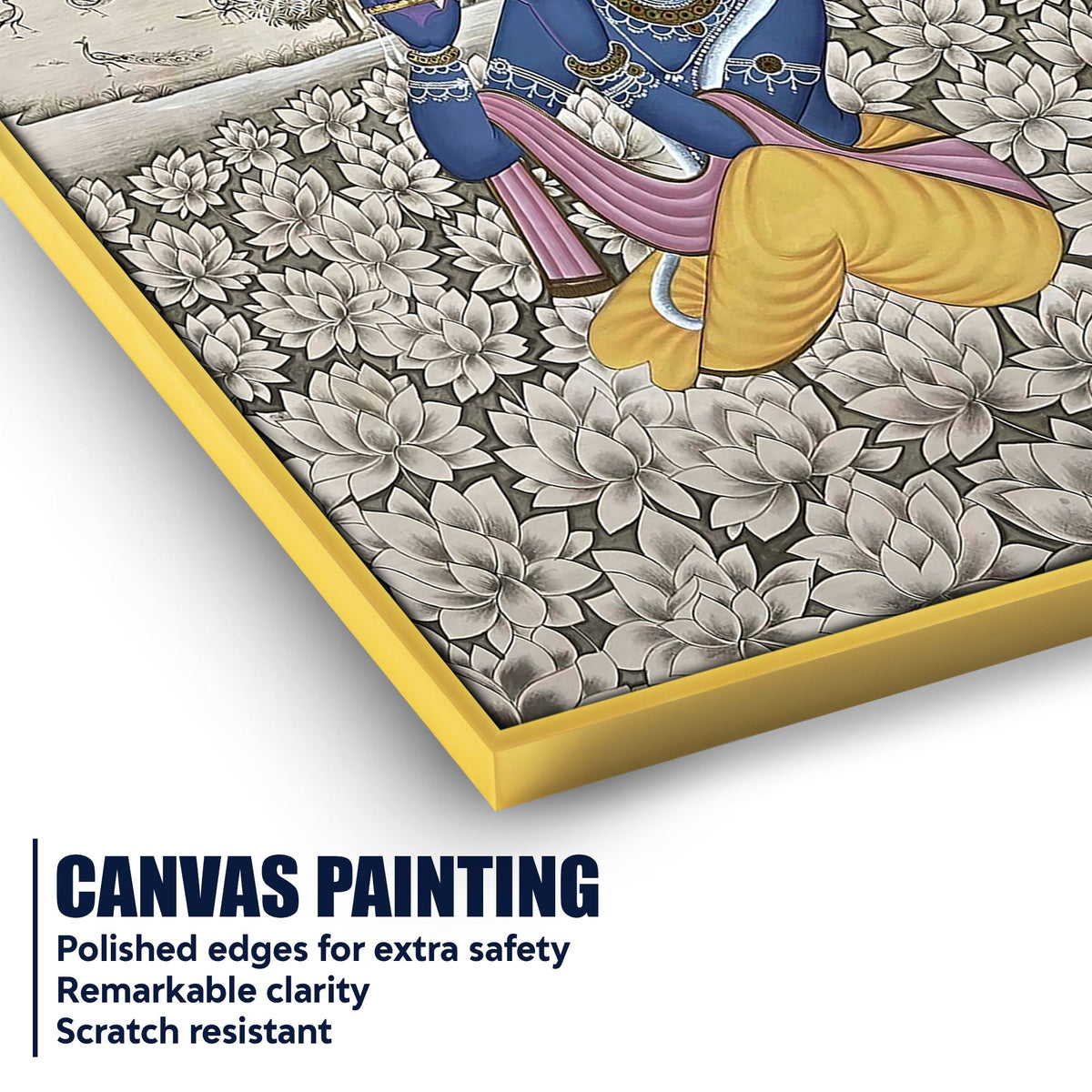 Lord Krishna Playing Flute In Lotus Garden Pichwai Style Canvas Wall Painting