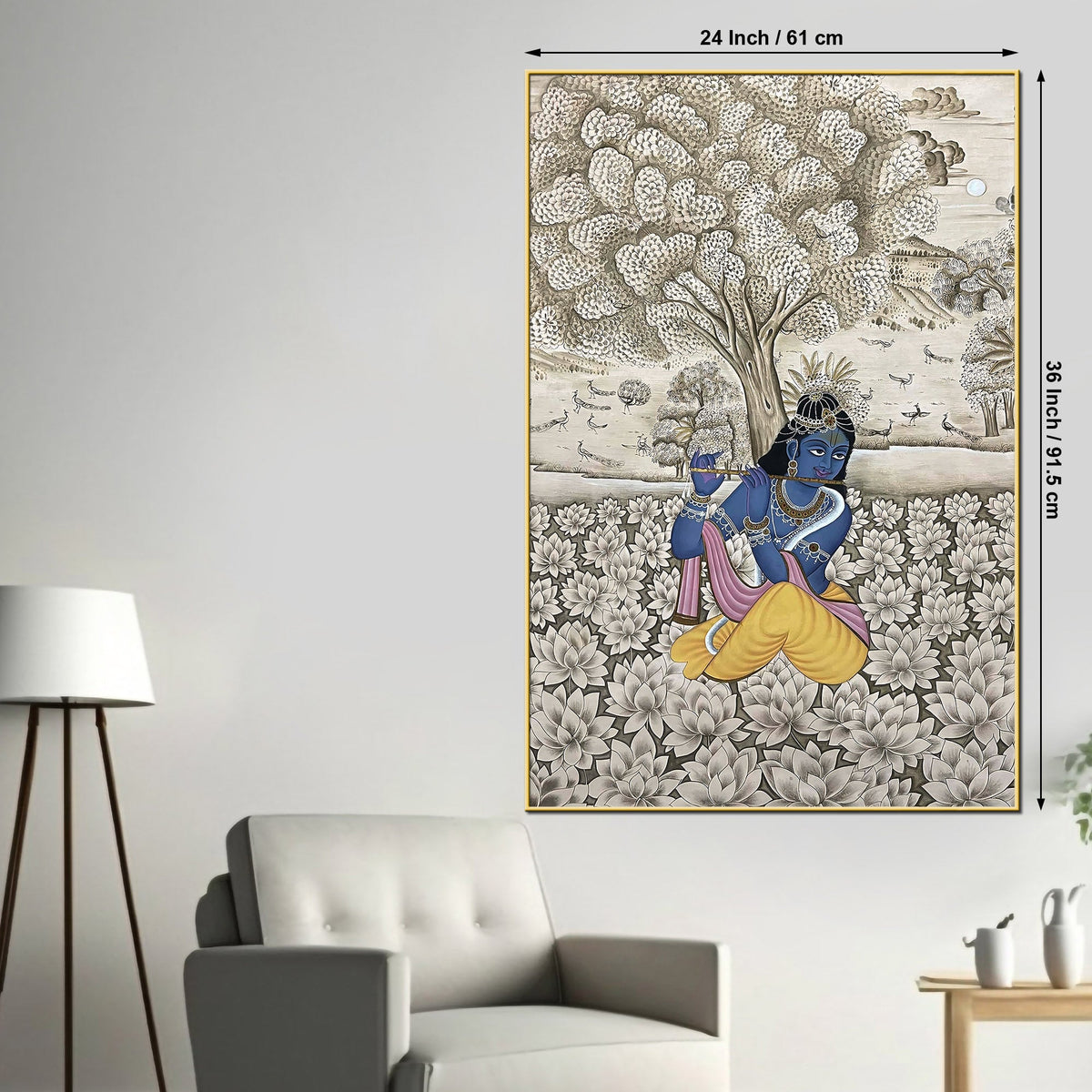 Lord Krishna Playing Flute In Lotus Garden Pichwai Style Canvas Wall Painting