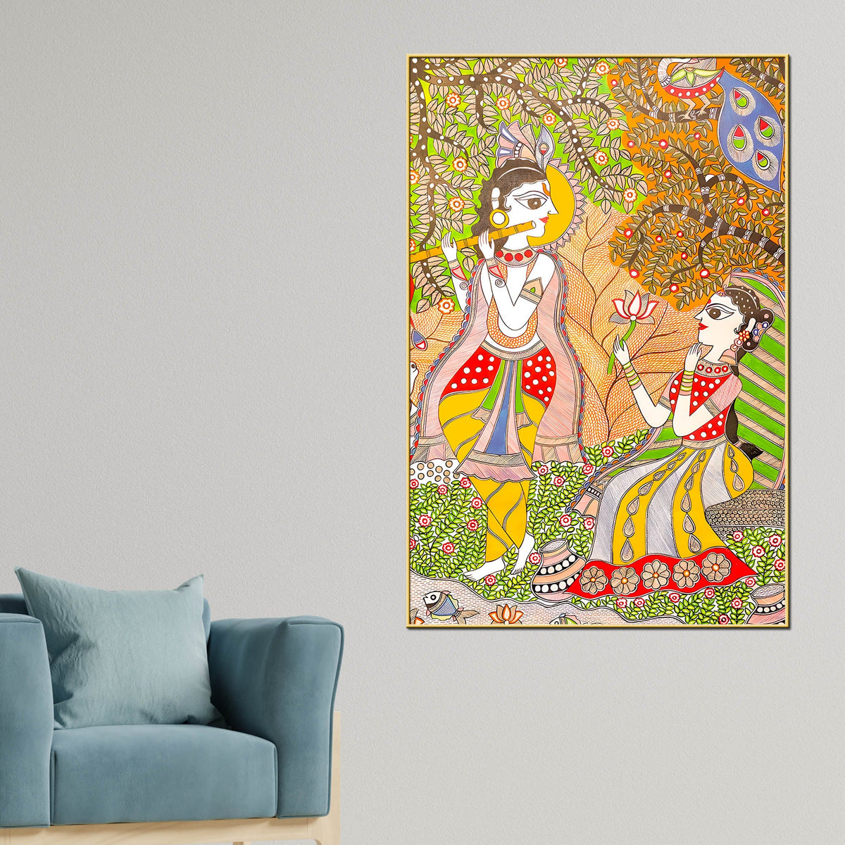 Lord Krishna Playing Flute Under Tree with Shree Radha Folk Art Canvas Wall Painting