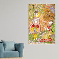 Lord Krishna Playing Flute Under Tree with Shree Radha Folk Art Canvas Wall Painting