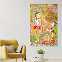 Lord Krishna Playing Flute Under Tree with Shree Radha Folk Art Canvas Wall Painting