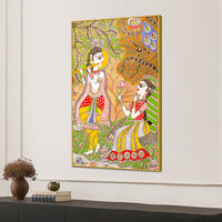 Lord Krishna Playing Flute Under Tree with Shree Radha Folk Art Canvas Wall Painting