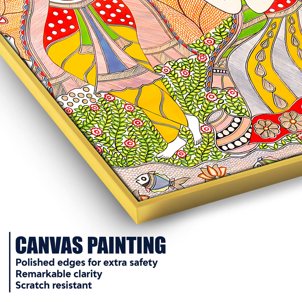 Lord Krishna Playing Flute Under Tree with Shree Radha Folk Art Canvas Wall Painting
