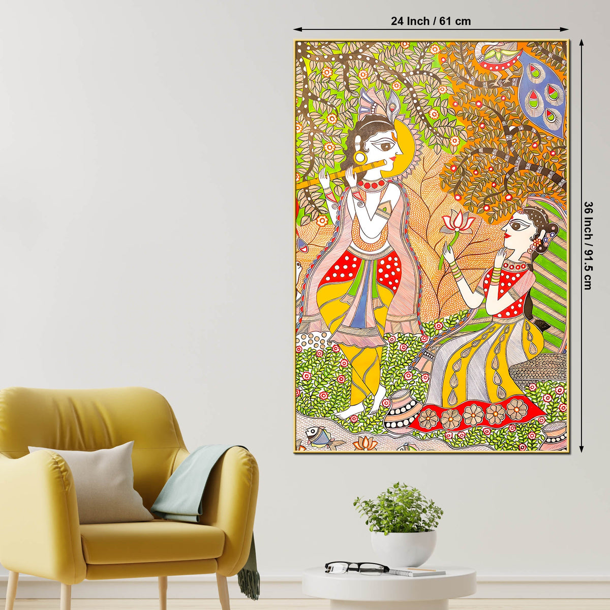 Lord Krishna Playing Flute Under Tree with Shree Radha Folk Art Canvas Wall Painting