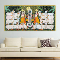 Lord Krishna Shreenathji with Gau Mata and Devotees Pichwai Canvas Wall Painting