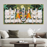 Lord Krishna Shreenathji with Gau Mata and Devotees Pichwai Canvas Wall Painting