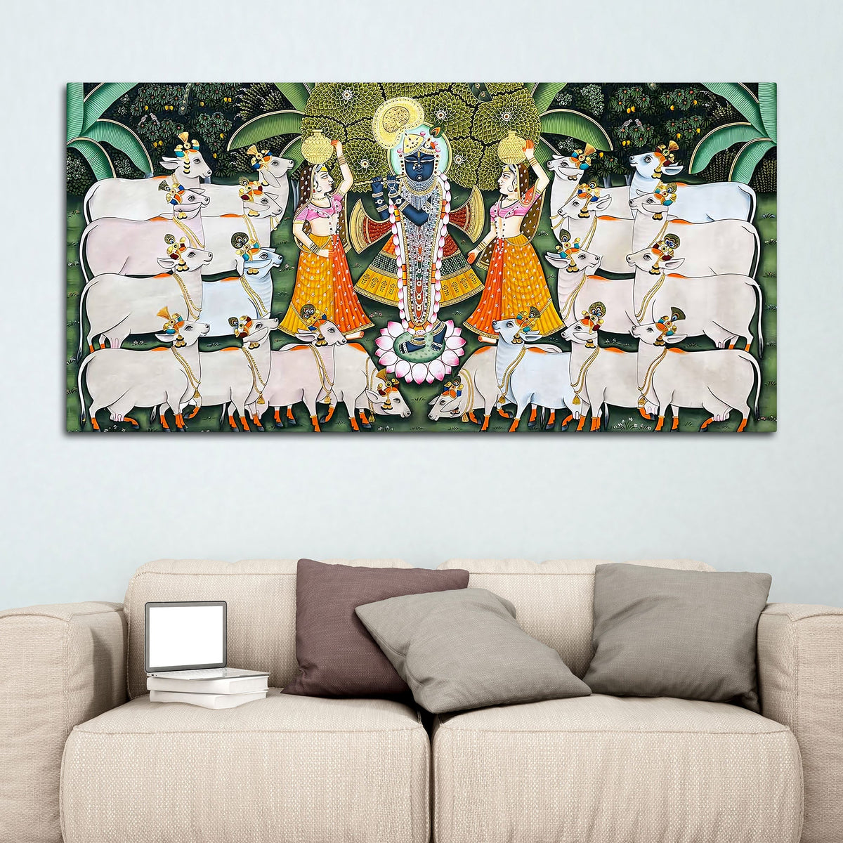 Lord Krishna Shreenathji with Gau Mata and Devotees Pichwai Canvas Wall Painting